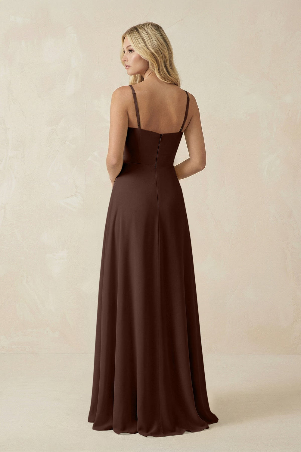 Spaghetti Strap Chiffon A - Line Bridesmaid Dress in Espresso - SHE IS ME Bridesmaid Dresses