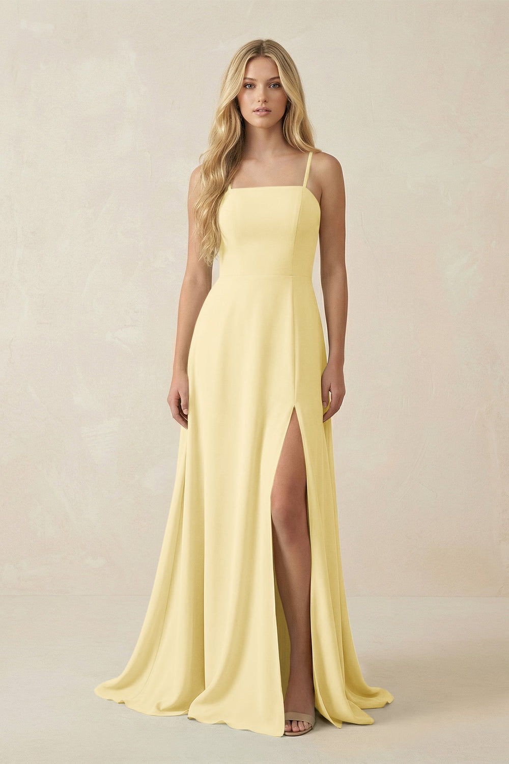 Spaghetti Strap Chiffon A - Line Bridesmaid Dress in Pastel Yellow - SHE IS ME Bridesmaid Dresses