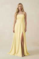 Spaghetti Strap Chiffon A - Line Bridesmaid Dress in Pastel Yellow - SHE IS ME Bridesmaid Dresses