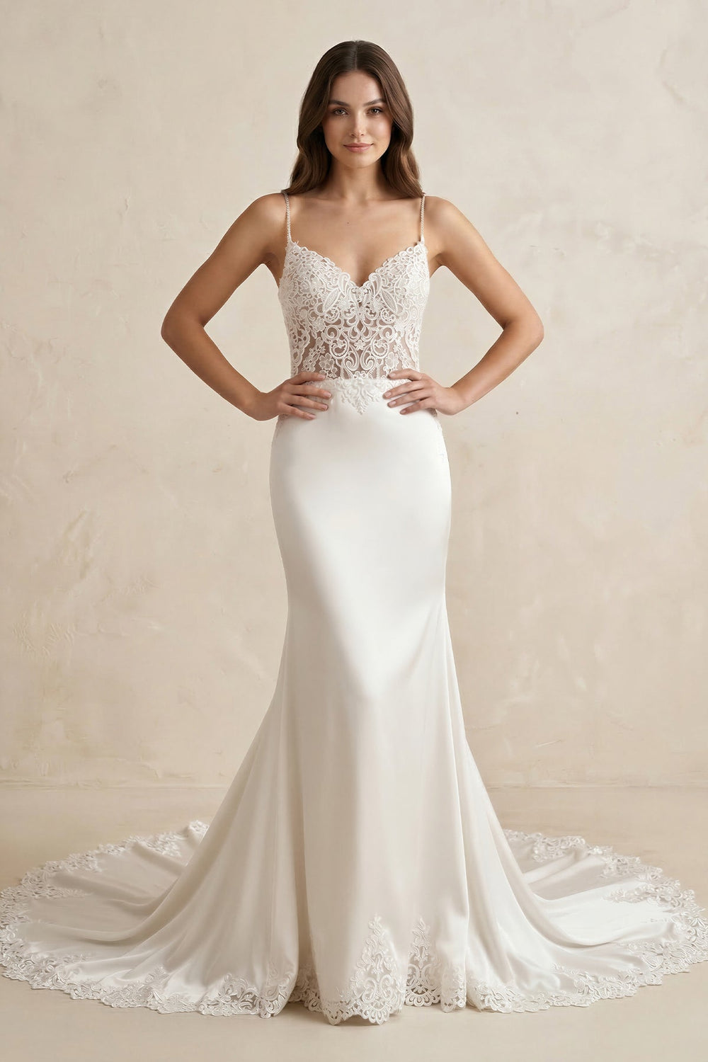 Spaghetti Strap Lace Mermaid Satin Wedding Dress in White - SHE IS ME Wedding Dresses