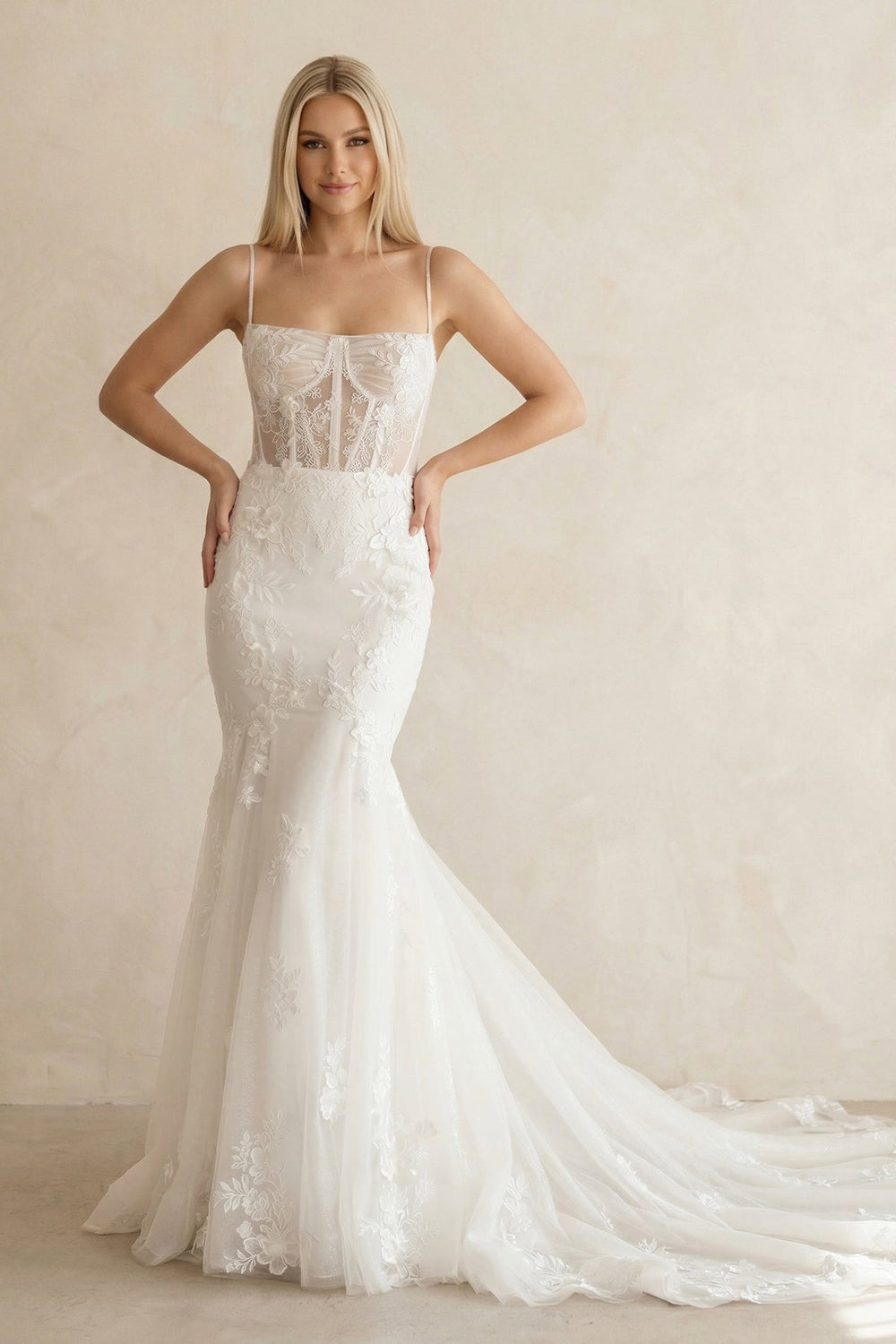 Spaghetti Strap Mermaid Lace Corset Wedding Dress in White - SHE IS ME Wedding Dresses