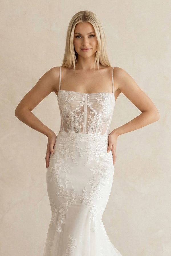 Spaghetti Strap Mermaid Lace Corset Wedding Dress in White - SHE IS ME Wedding Dresses