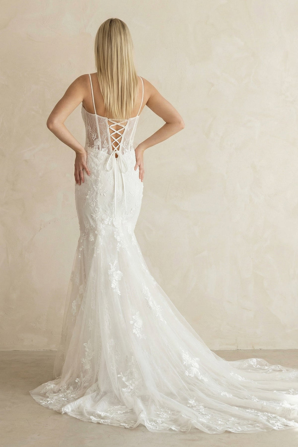 Spaghetti Strap Mermaid Lace Corset Wedding Dress in White - SHE IS ME Wedding Dresses