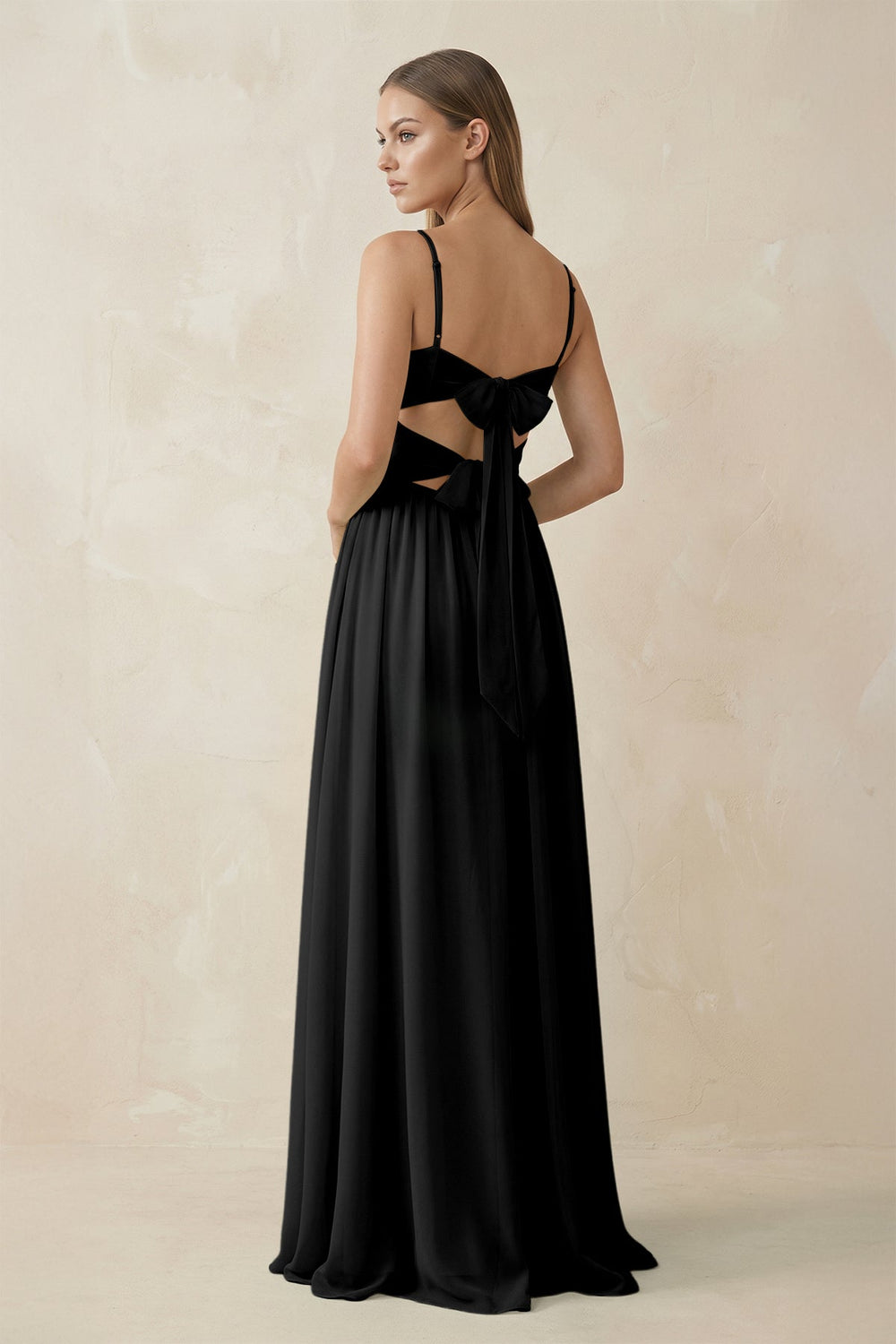 Spaghetti Strap Pleated A - Line Chiffon Bridesmaid Dress in Black - SHE IS ME Bridesmaid Dresses