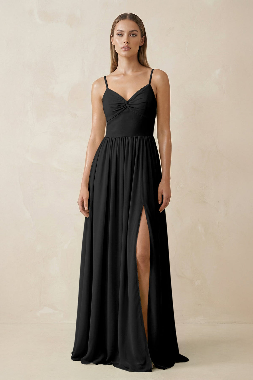 Spaghetti Strap Pleated A - Line Chiffon Bridesmaid Dress in Black - SHE IS ME Bridesmaid Dresses