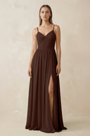 Spaghetti Strap Pleated A - Line Chiffon Bridesmaid Dress in Espresso - SHE IS ME Bridesmaid Dresses