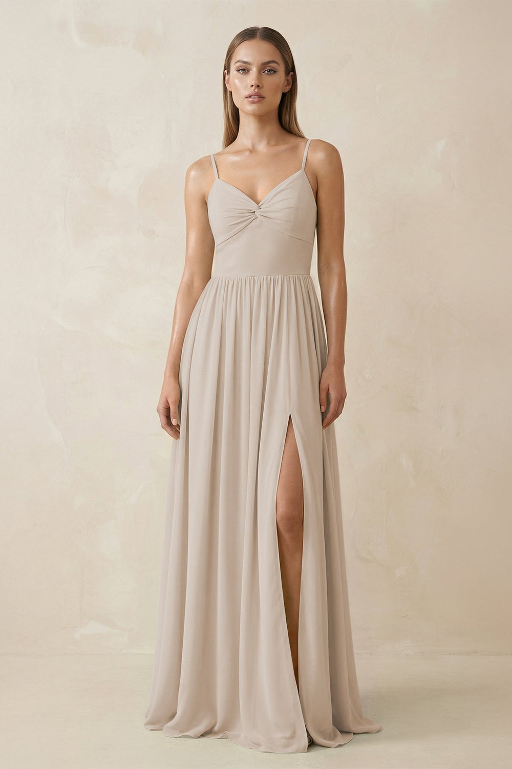 Spaghetti Strap Pleated A - Line Chiffon Bridesmaid Dress in Frost - SHE IS ME Bridesmaid Dresses