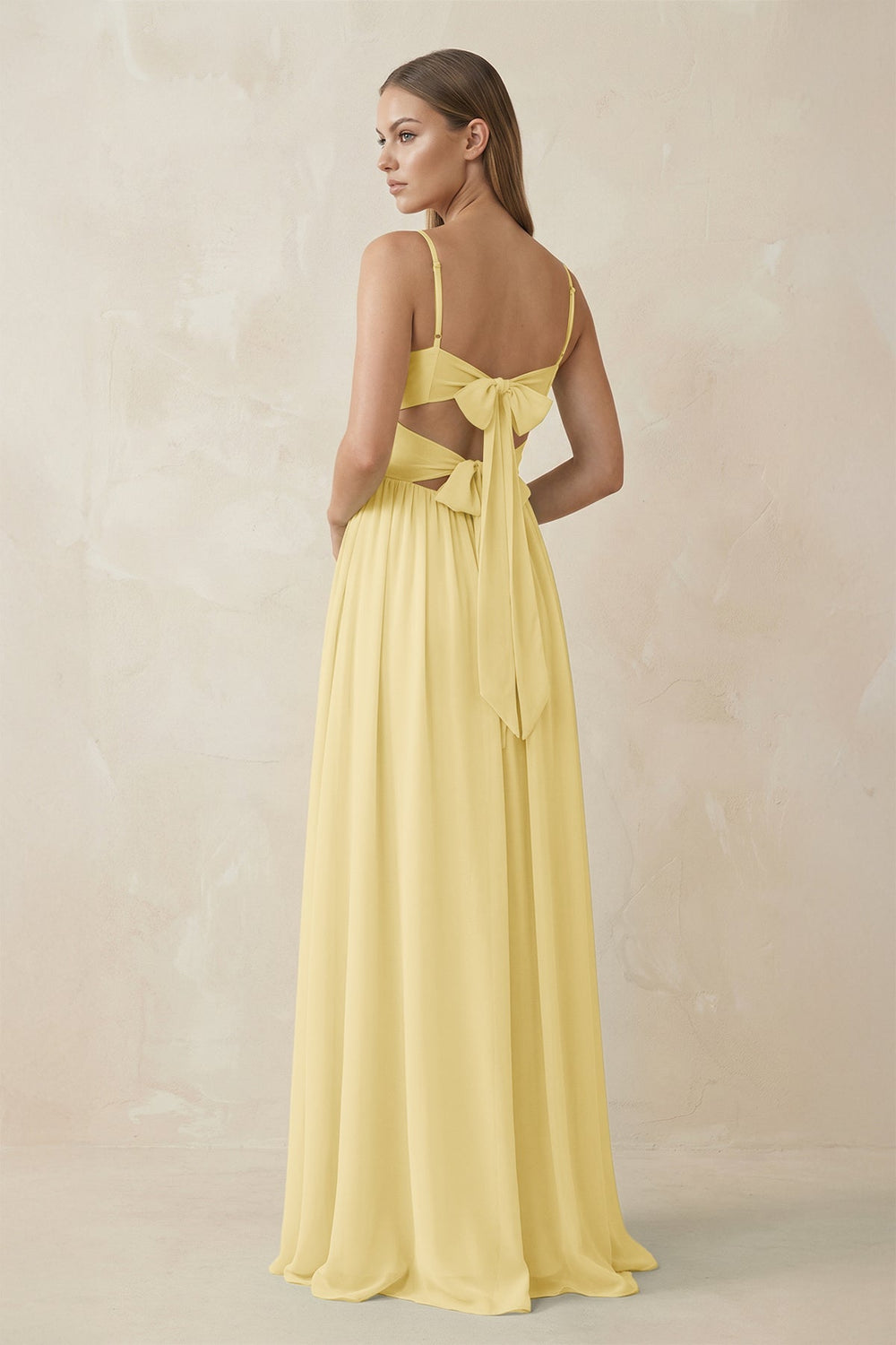Spaghetti Strap Pleated A - Line Chiffon Bridesmaid Dress in Pastel Yellow - SHE IS ME Bridesmaid Dresses