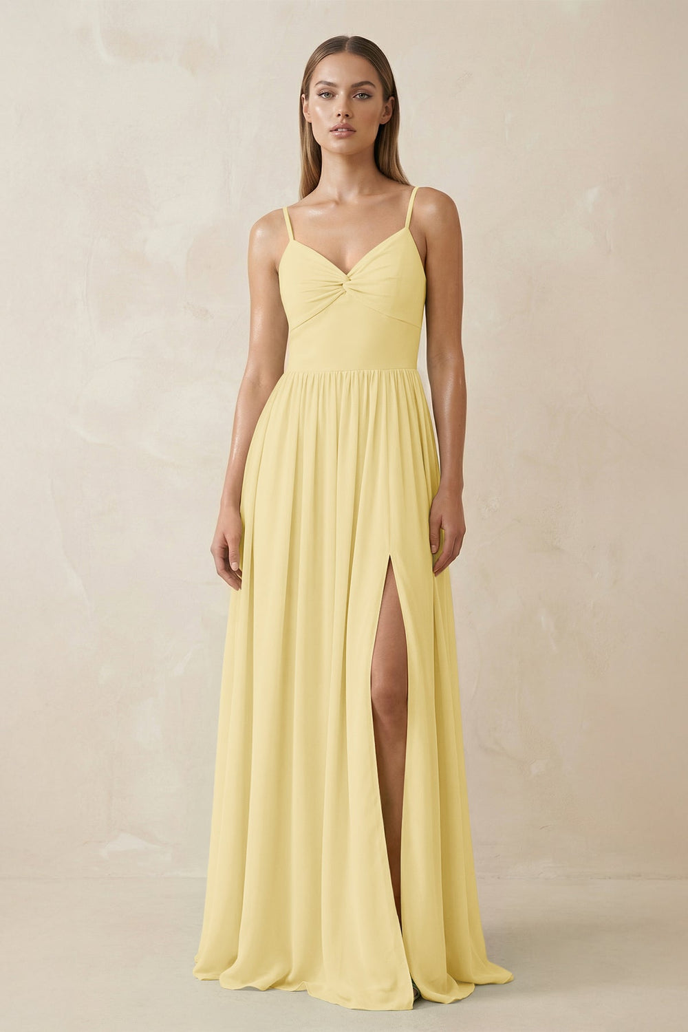 Spaghetti Strap Pleated A - Line Chiffon Bridesmaid Dress in Pastel Yellow - SHE IS ME Bridesmaid Dresses