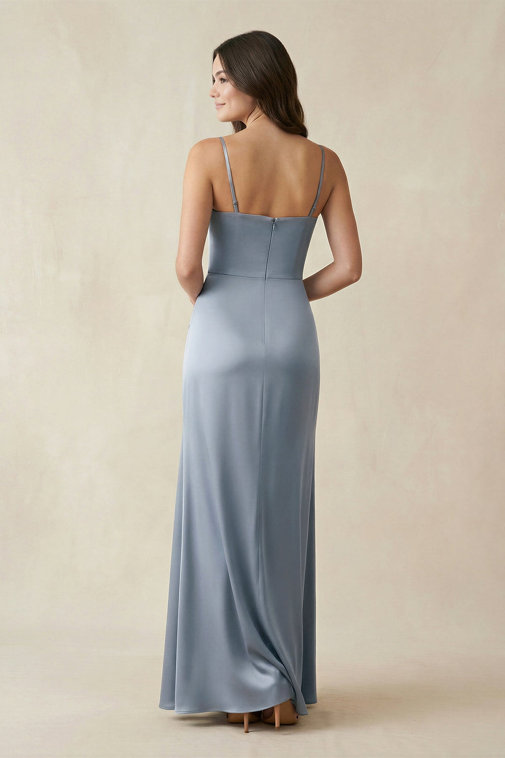 Spaghetti Strap Ruched Sheath Satin Bridesmaid Dress in Twilight - SHE IS ME Bridesmaid Dresses