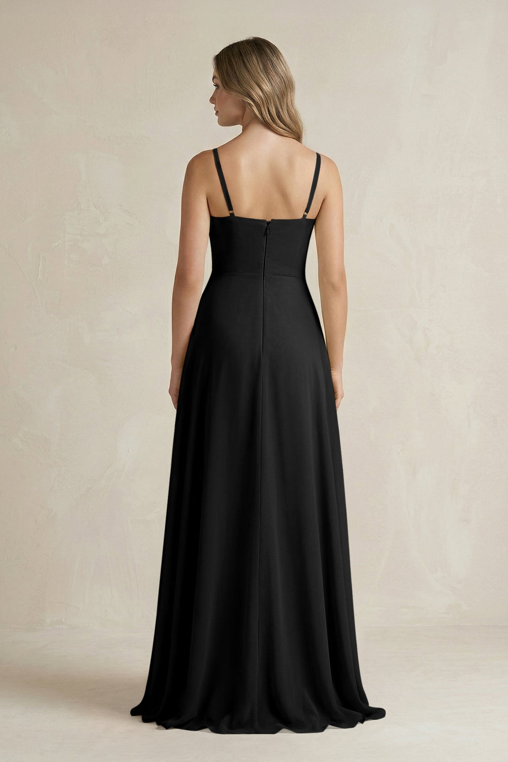 Spaghetti Strap Ruffled A - Line Chiffon Bridesmaid Dress in Black - SHE IS ME Bridesmaid Dresses