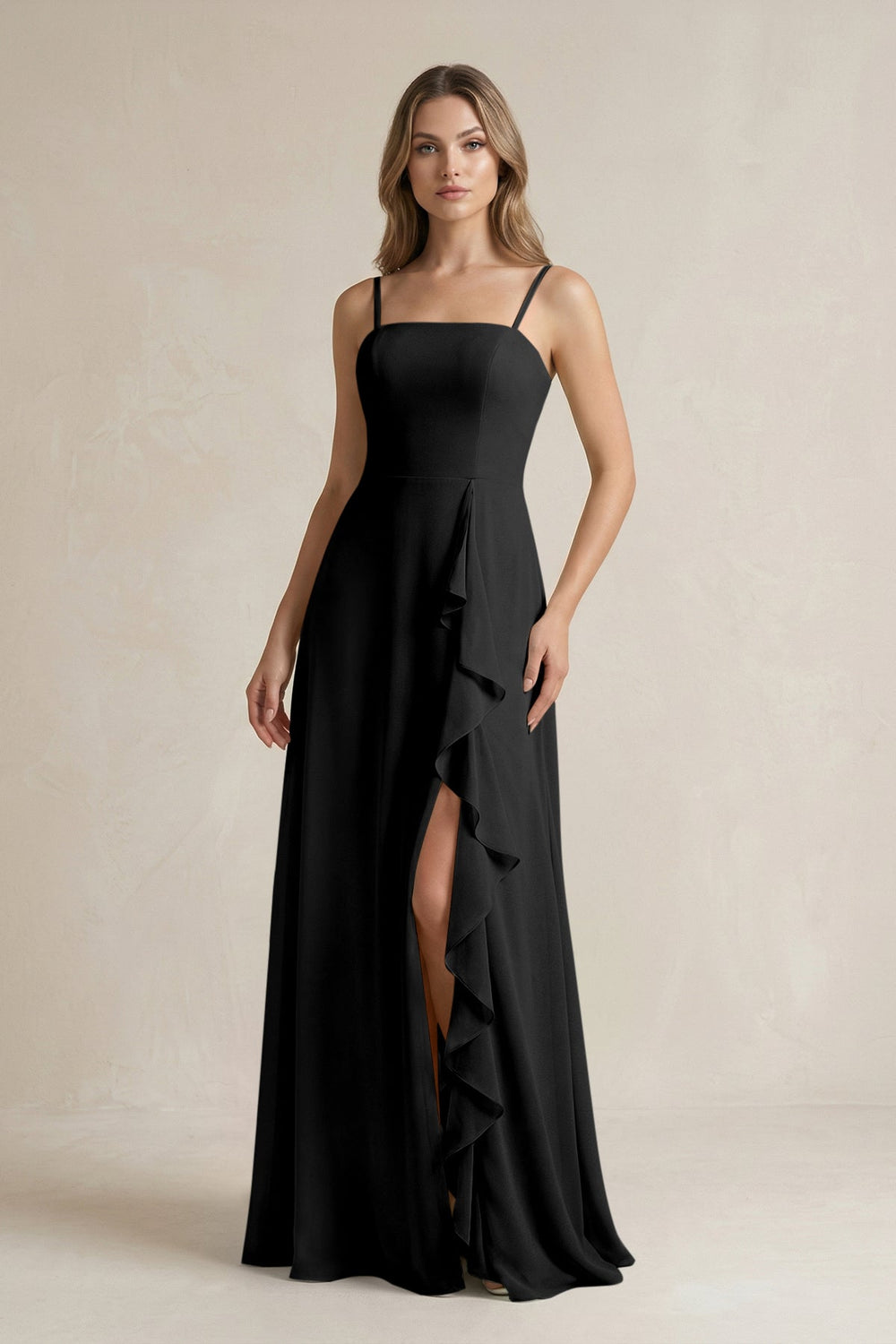 Spaghetti Strap Ruffled A - Line Chiffon Bridesmaid Dress in Black - SHE IS ME Bridesmaid Dresses