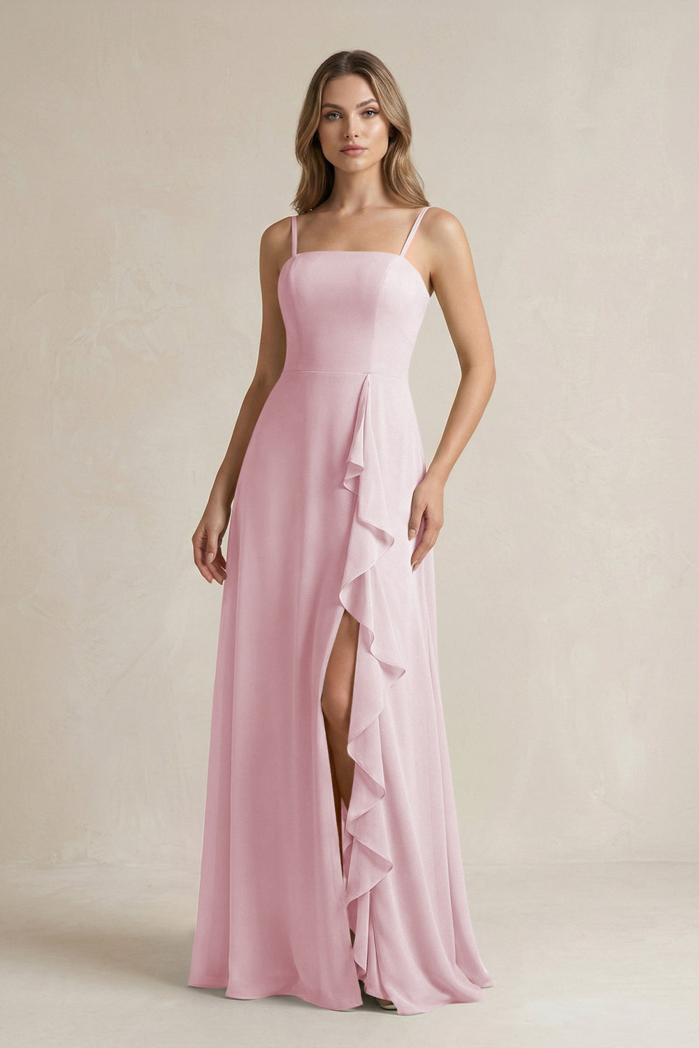Spaghetti Strap Ruffled A - Line Chiffon Bridesmaid Dress in Candy Pink - SHE IS ME Bridesmaid Dresses