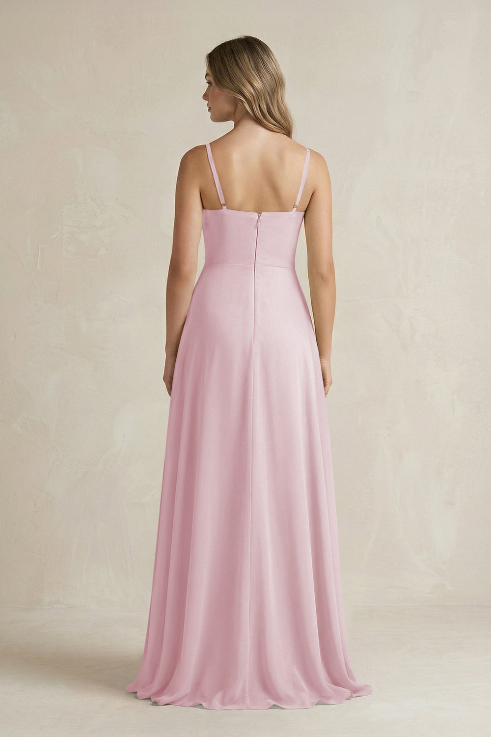 Spaghetti Strap Ruffled A - Line Chiffon Bridesmaid Dress in Candy Pink - SHE IS ME Bridesmaid Dresses