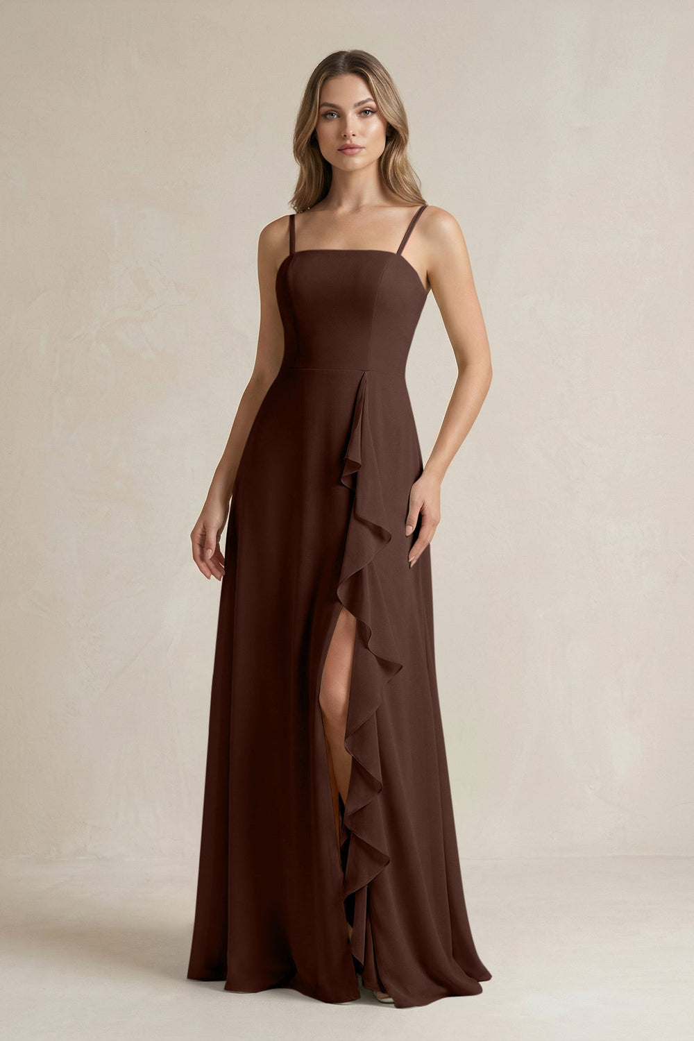 Spaghetti Strap Ruffled A - Line Chiffon Bridesmaid Dress in Espresso - SHE IS ME Bridesmaid Dresses