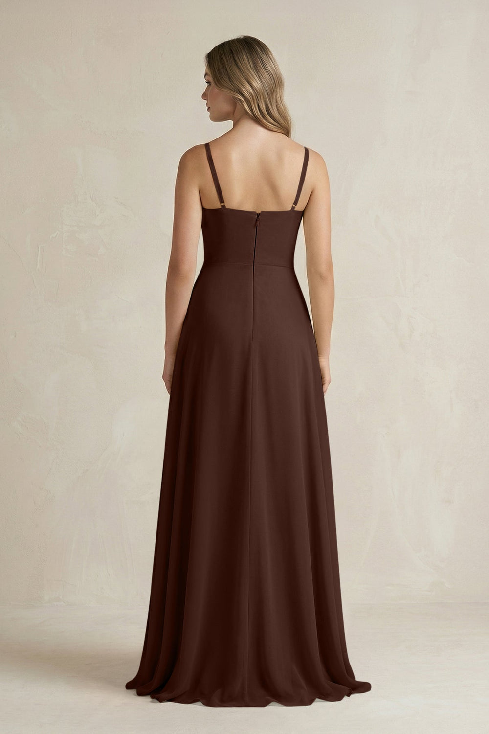 Spaghetti Strap Ruffled A - Line Chiffon Bridesmaid Dress in Espresso - SHE IS ME Bridesmaid Dresses