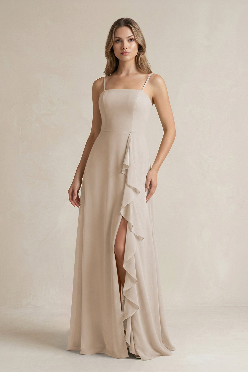 Spaghetti Strap Ruffled A - Line Chiffon Bridesmaid Dress in Frost - SHE IS ME Bridesmaid Dresses