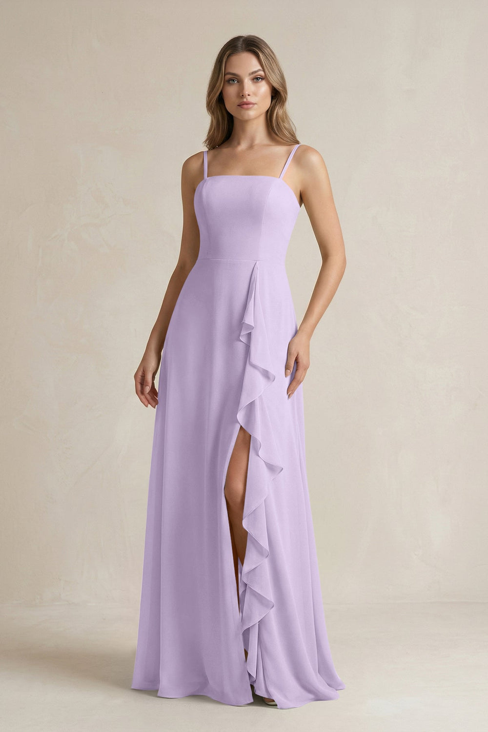 Spaghetti Strap Ruffled A - Line Chiffon Bridesmaid Dress in Lavender - SHE IS ME Bridesmaid Dresses