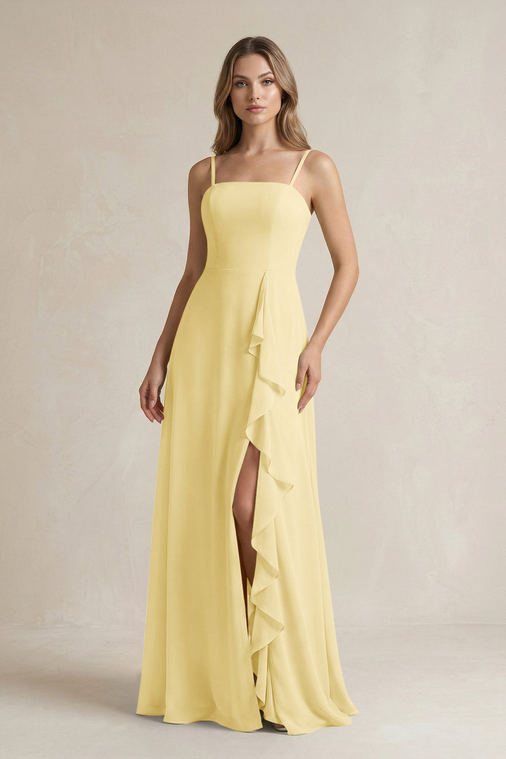 Spaghetti Strap Ruffled A - Line Chiffon Bridesmaid Dress in Pastel Yellow - SHE IS ME Bridesmaid Dresses