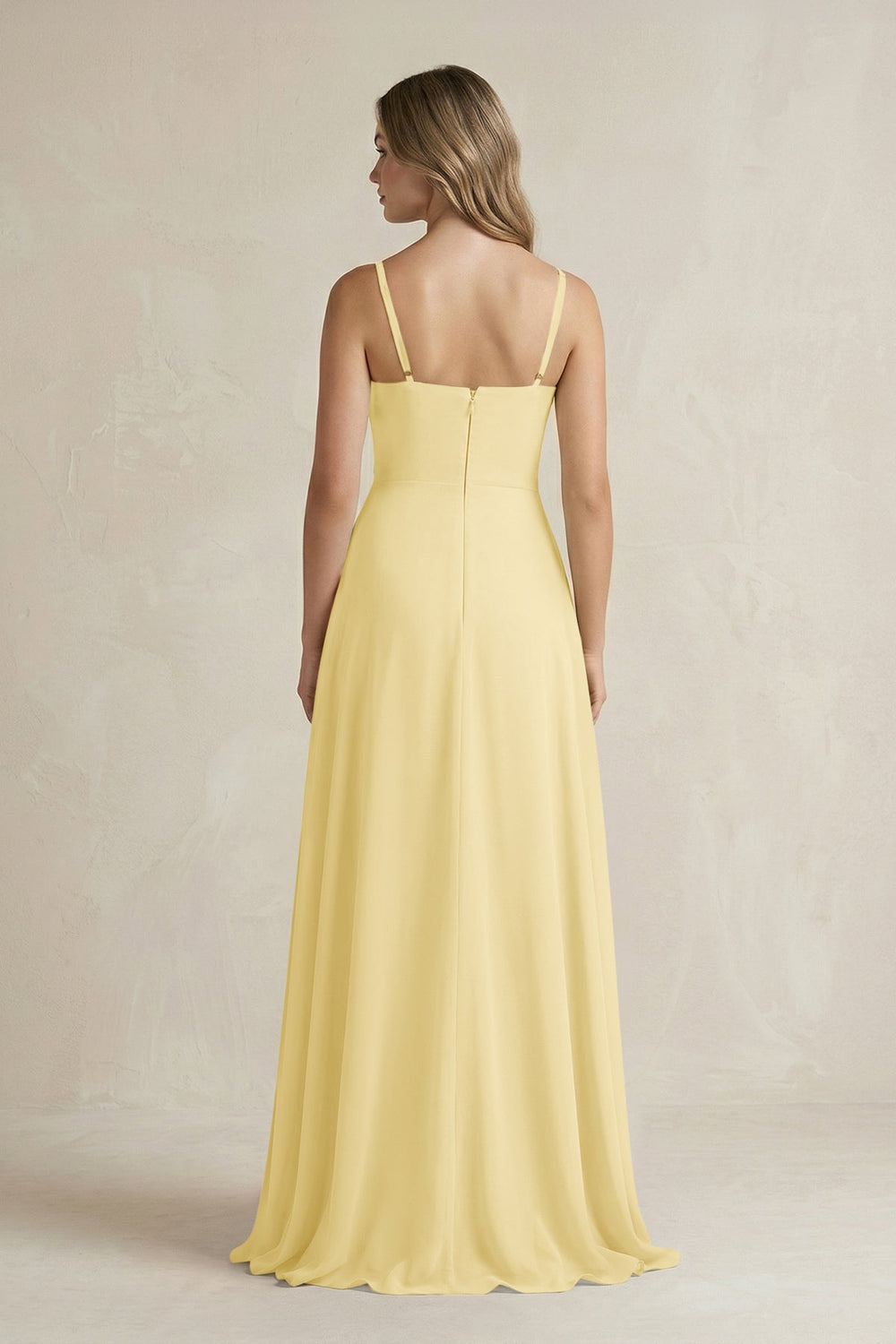 Spaghetti Strap Ruffled A - Line Chiffon Bridesmaid Dress in Pastel Yellow - SHE IS ME Bridesmaid Dresses