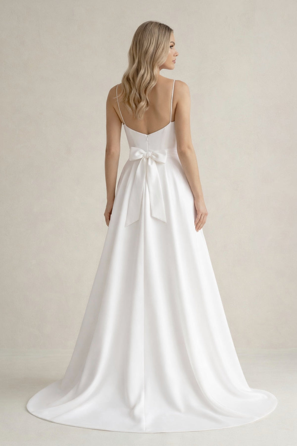 Spaghetti Strap Satin A - Line Wedding Dress With Slit in White - SHE IS ME Wedding Dresses