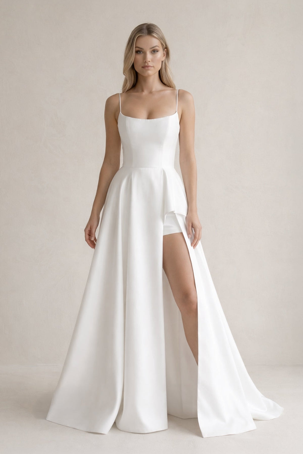 Spaghetti Strap Satin A - Line Wedding Dress With Slit in White - SHE IS ME Wedding Dresses