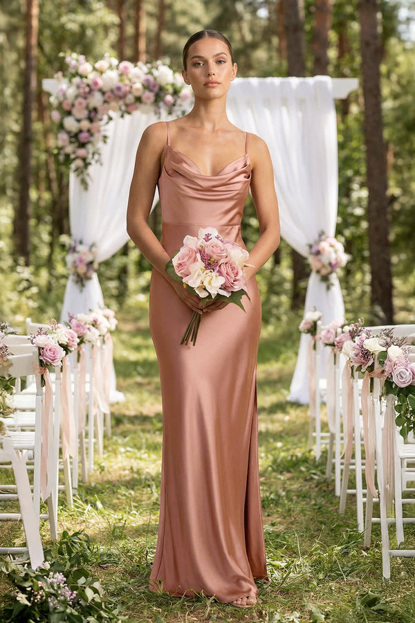 Spaghetti Strap Satin Sheath Bridesmaid Dress in Rosette - SHE IS ME Bridesmaid Dresses