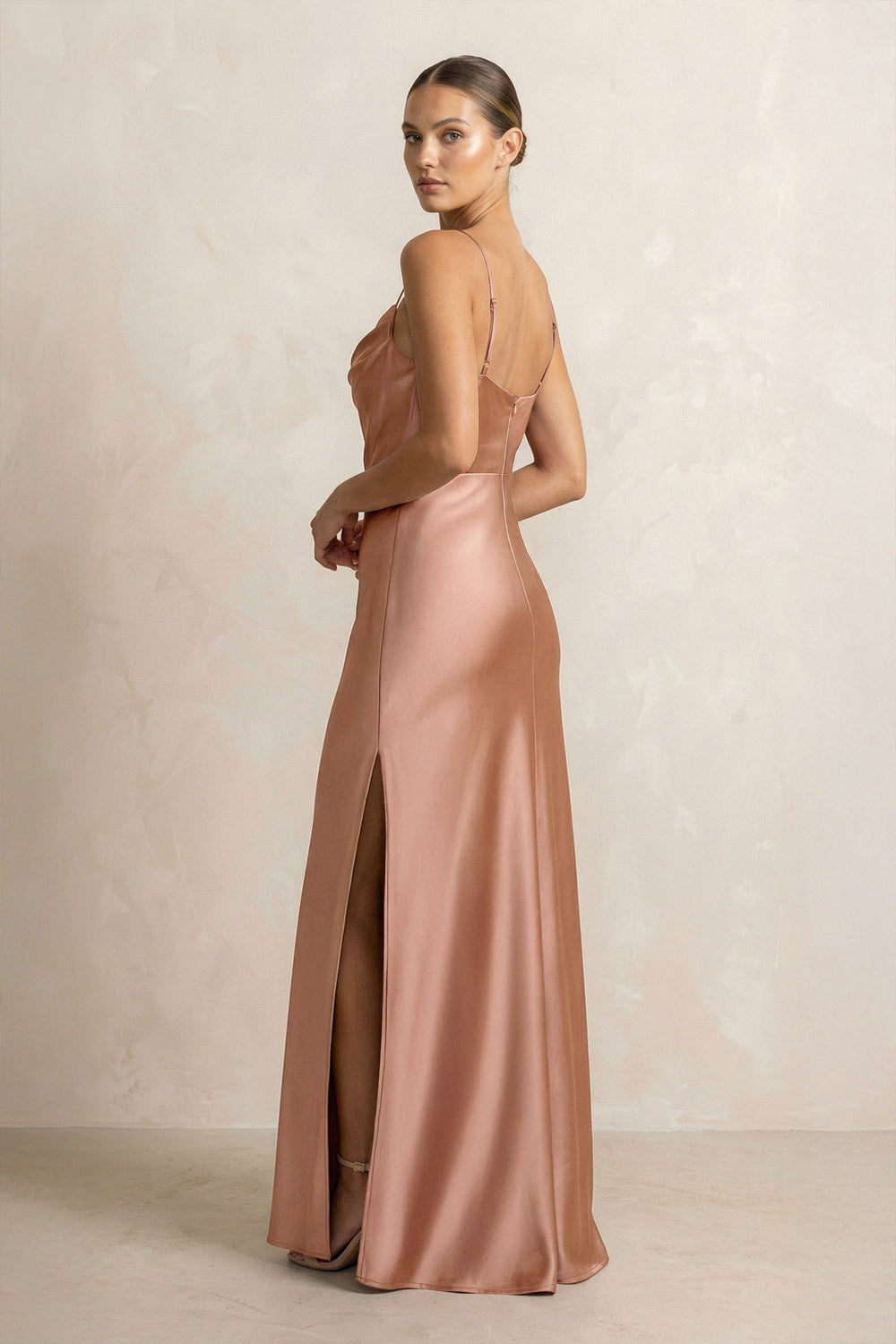 Spaghetti Strap Satin Sheath Bridesmaid Dress in Rosette - SHE IS ME Bridesmaid Dresses