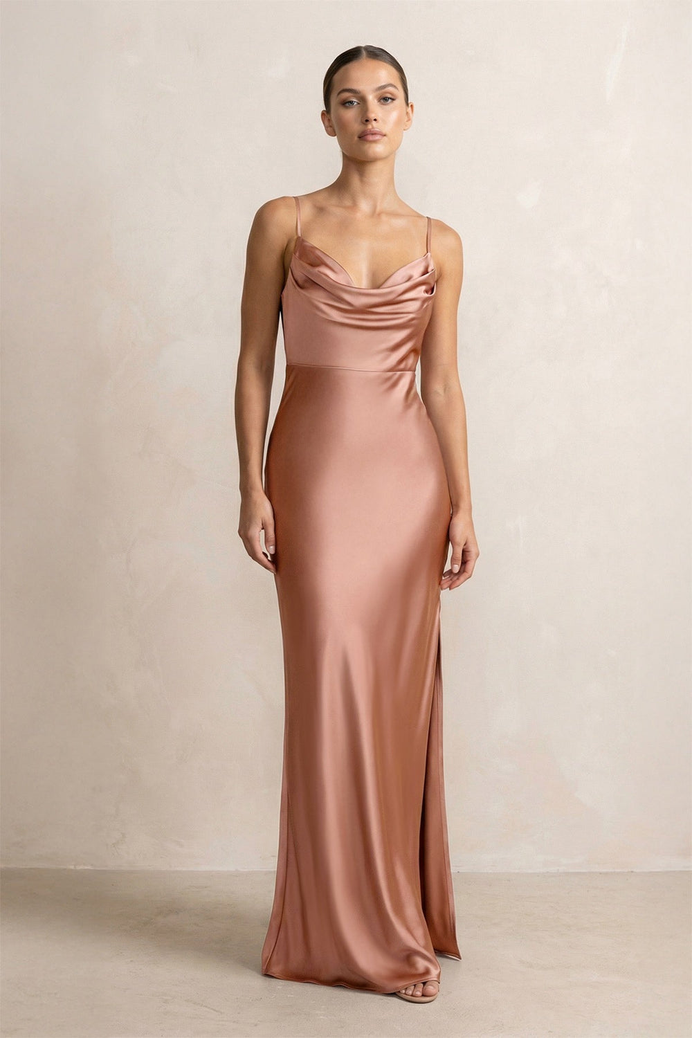 Spaghetti Strap Satin Sheath Bridesmaid Dress in Rosette - SHE IS ME Bridesmaid Dresses