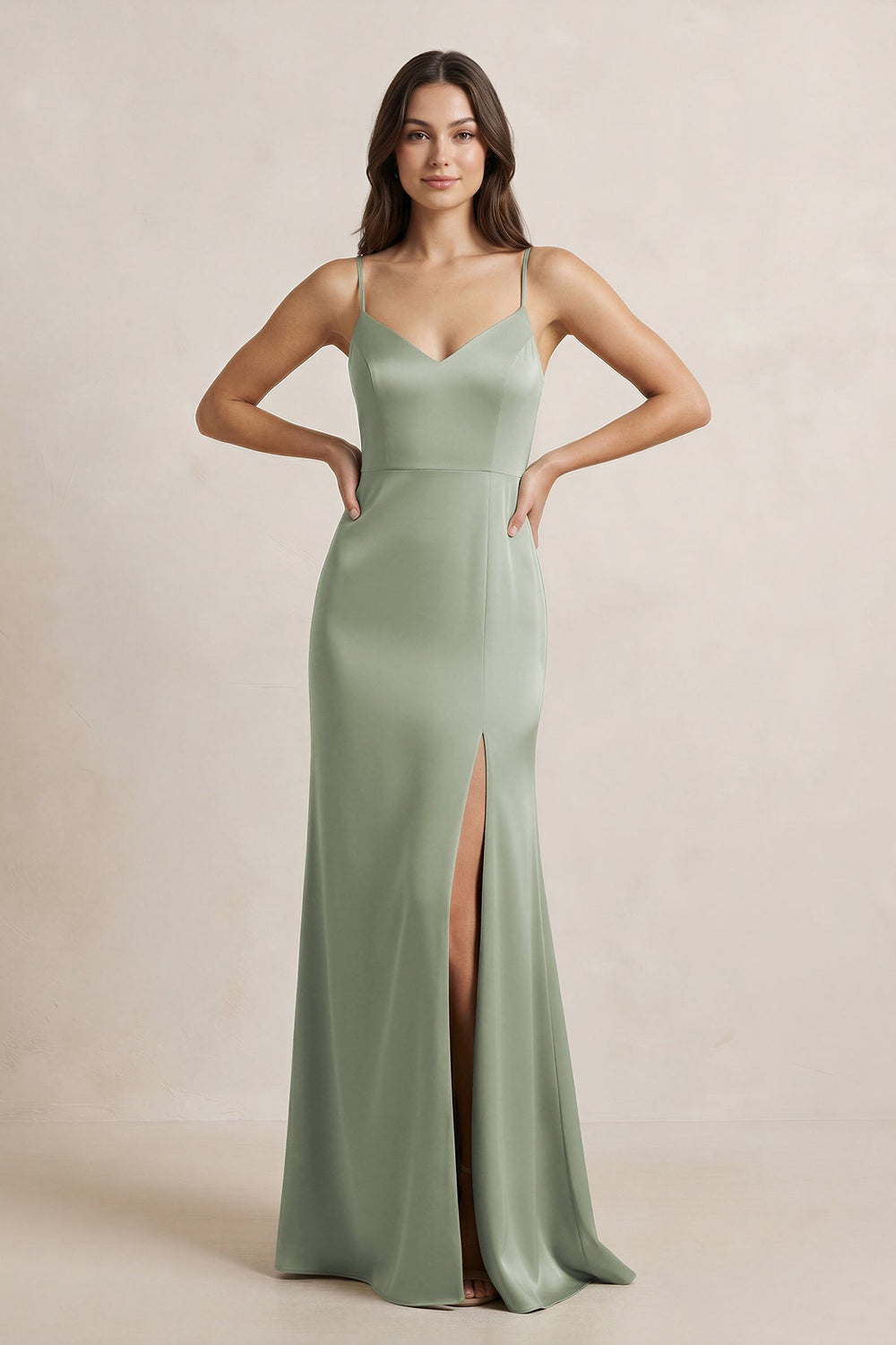 Spaghetti Strap Sheath Satin Bridesmaid Dress in Dove Gray - SHE IS ME Bridesmaid Dresses