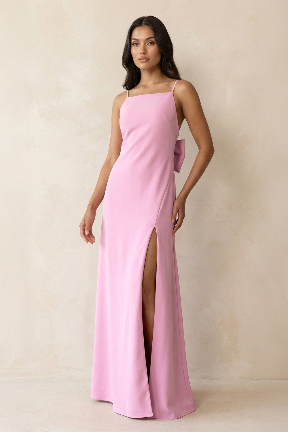 Spaghetti Strap Sheath Satin Bridesmaid Dress with Bow in Pink - SHE IS ME Bridesmaid Dresses