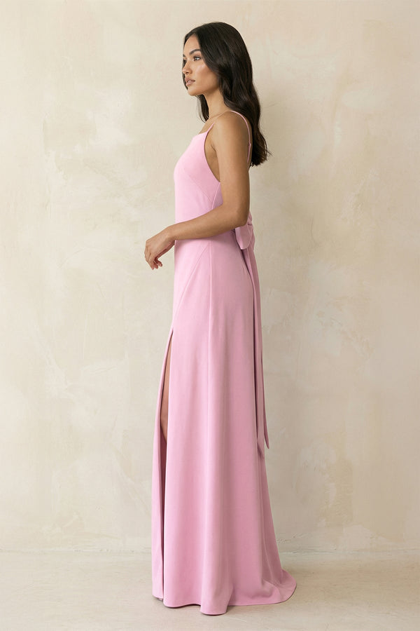 Spaghetti Strap Sheath Satin Bridesmaid Dress with Bow in Pink - SHE IS ME Bridesmaid Dresses