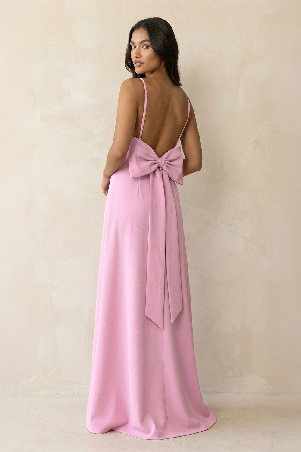 Spaghetti Strap Sheath Satin Bridesmaid Dress with Bow in Pink - SHE IS ME Bridesmaid Dresses