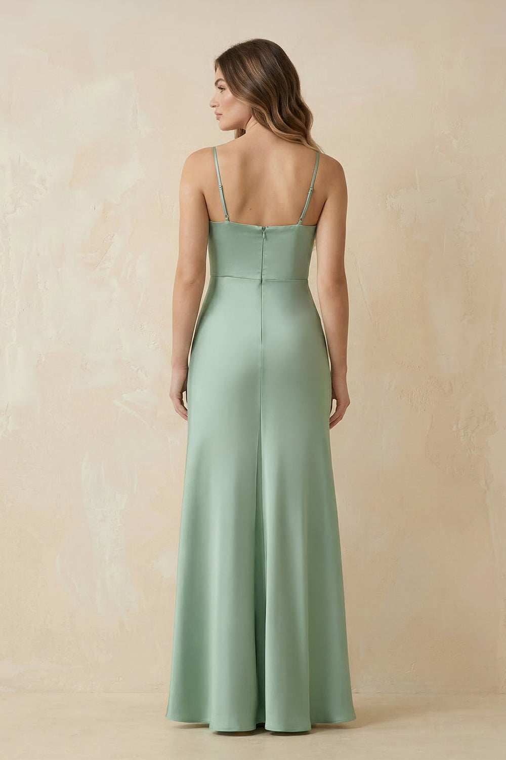 Spaghetti Strap Sheath Satin Bridesmaid Dress With Slit in Sage - SHE IS ME Bridesmaid Dresses