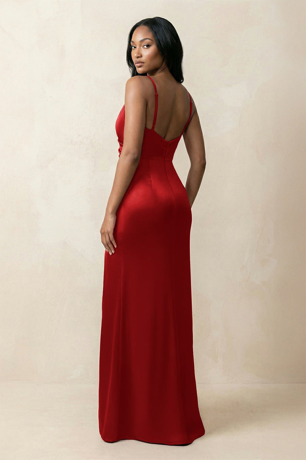 Spaghetti Strap Sheath Satin Ruched Bridesmaid Dress in Spice - SHE IS ME Bridesmaid Dresses