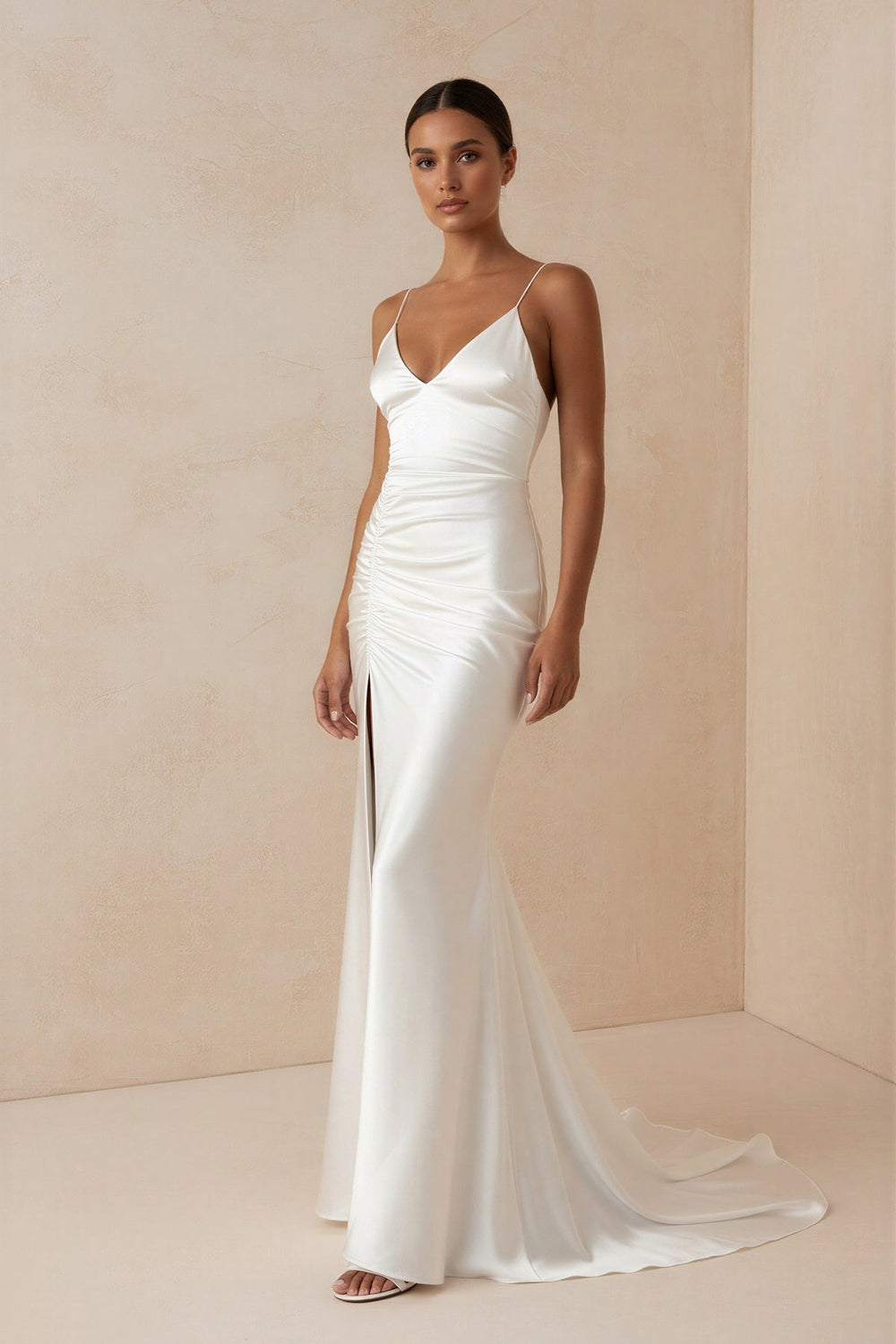 Spaghetti Strap Sheath Satin Wedding Dress With Slit in ivory - SHE IS ME Wedding Dresses