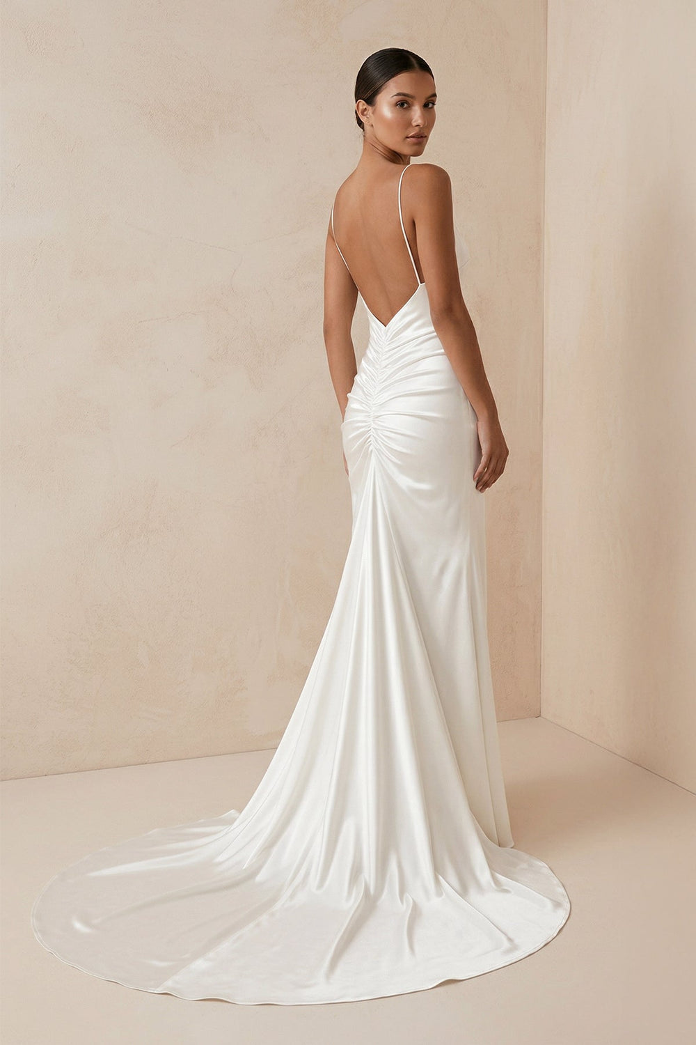 Spaghetti Strap Sheath Satin Wedding Dress With Slit in ivory - SHE IS ME Wedding Dresses