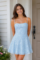Sky Blue Spaghetti Straps A-Line Chiffon Jacquard Homecoming Dress | SHEISME