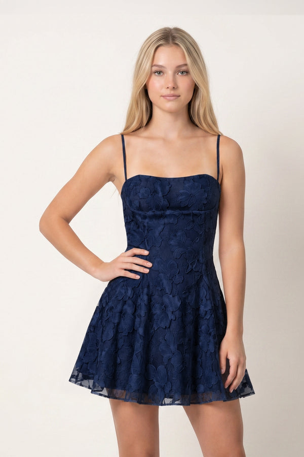 Navy Blue Spaghetti Straps A-Line Chiffon Jacquard Homecoming Dress | SHEISME