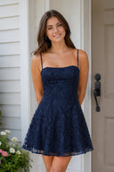 Navy Blue Spaghetti Straps A-Line Chiffon Jacquard Homecoming Dress | SHEISME