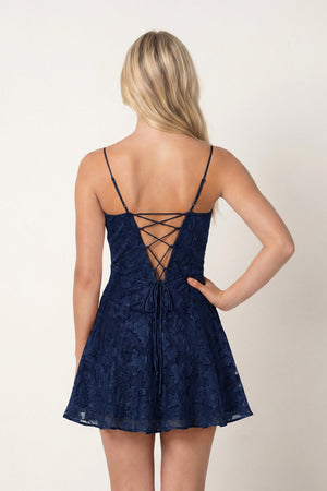 Navy Blue Spaghetti Straps A-Line Chiffon Jacquard Homecoming Dress | SHEISME