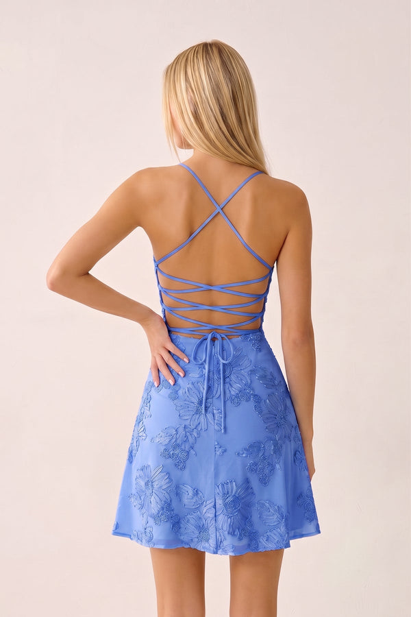 Periwinkle Spaghetti Straps A-Line Embroidered Tulle Homecoming Dress | SHEISME