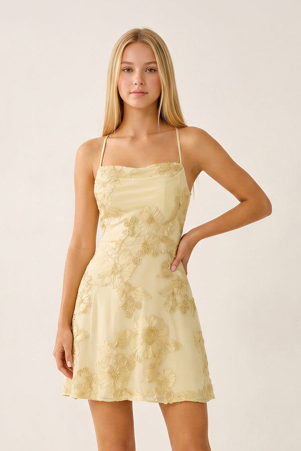 Yellow Spaghetti Straps A-Line Embroidered Tulle Homecoming Dress - SHEISME