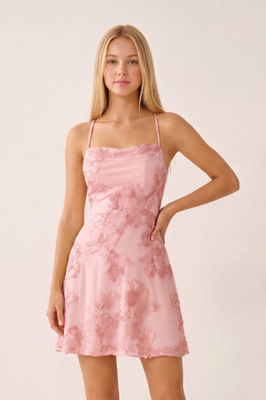 Pink Spaghetti Straps A-Line Embroidered Tulle Homecoming Dress | SHEISME