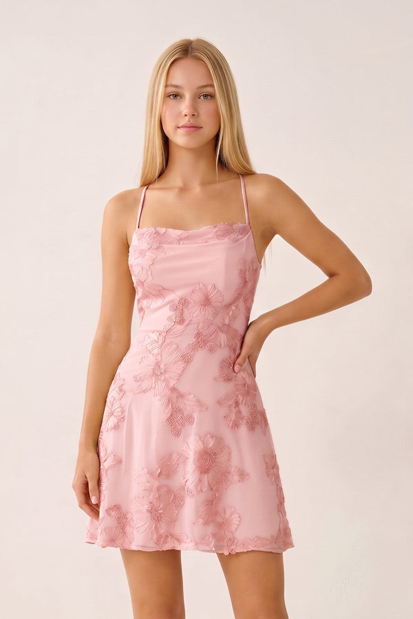 Pink Spaghetti Straps A-Line Embroidered Tulle Homecoming Dress | SHEISME