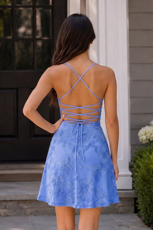 Periwinkle Spaghetti Straps A-Line Embroidered Tulle Homecoming Dress | SHEISME