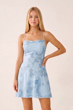 Sky Blue Spaghetti Straps A-Line Embroidered Tulle Homecoming Dress | SHEISME