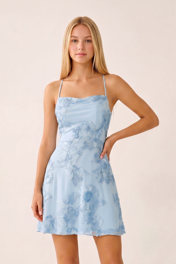 Sky Blue Spaghetti Straps A-Line Embroidered Tulle Homecoming Dress | SHEISME