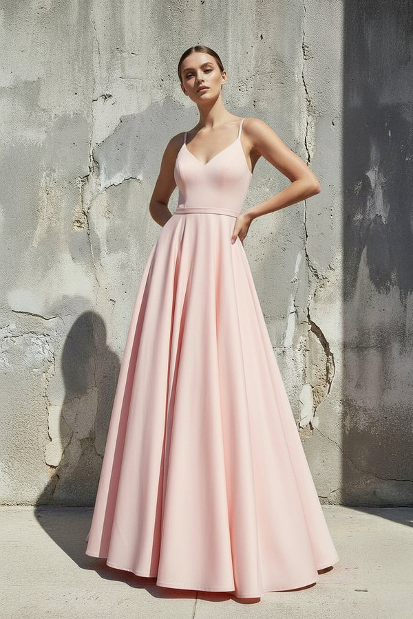 Sheisme-Pink satin spaghetti strap pleated A-line maxi evening formal dress