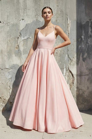 Sheisme-Pink satin spaghetti strap pleated A-line maxi evening formal dress